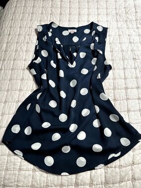 Pixley Navy and White Polka Dot Sleeveless V-Neck Blouse